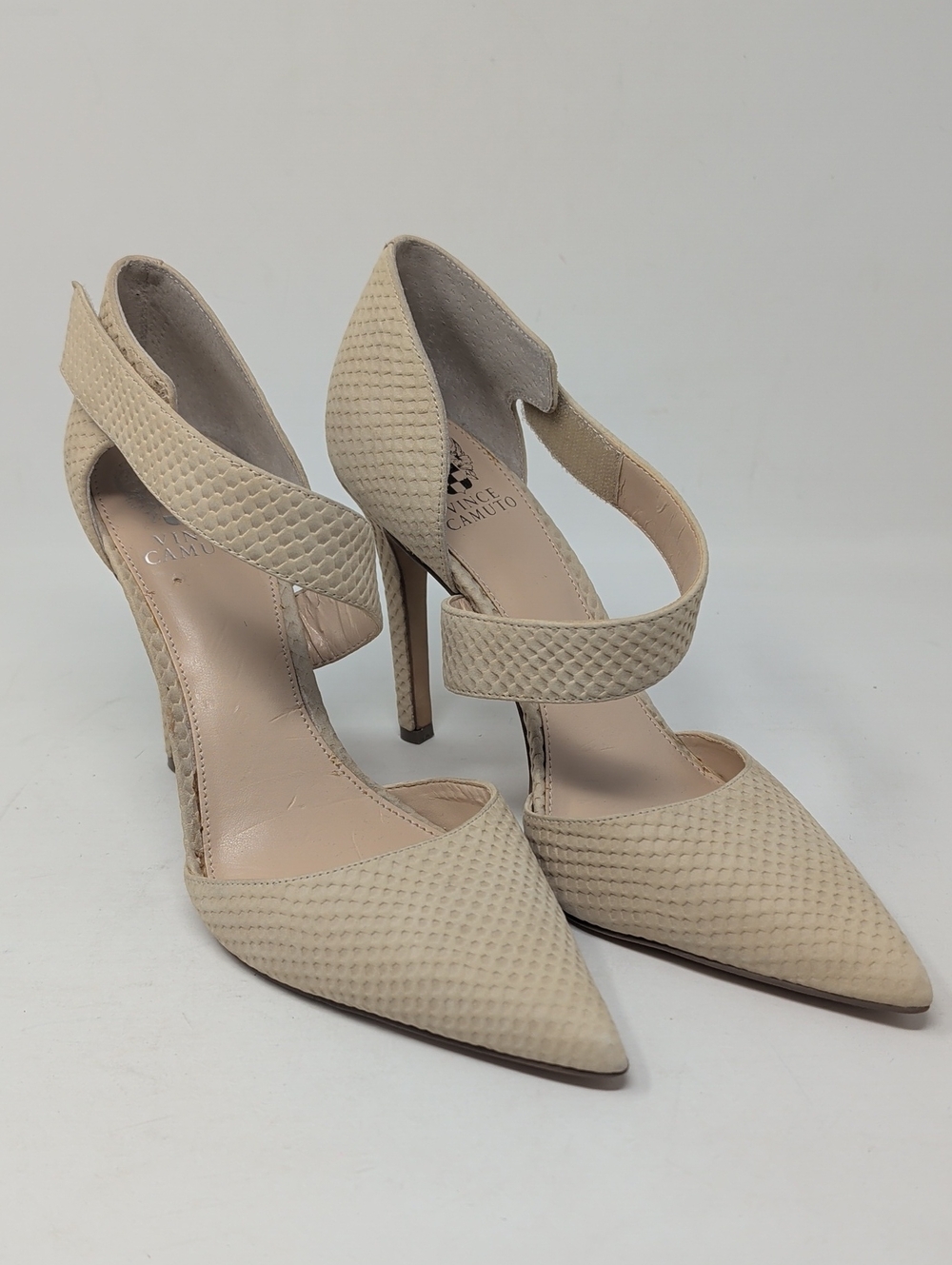 Vince Camuto Cream Textured Pointed-Toe Stiletto Pumps with Strap
